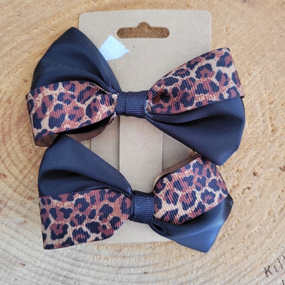 Handmade 2 Leopard Print & Black Hair Bows Clip Set